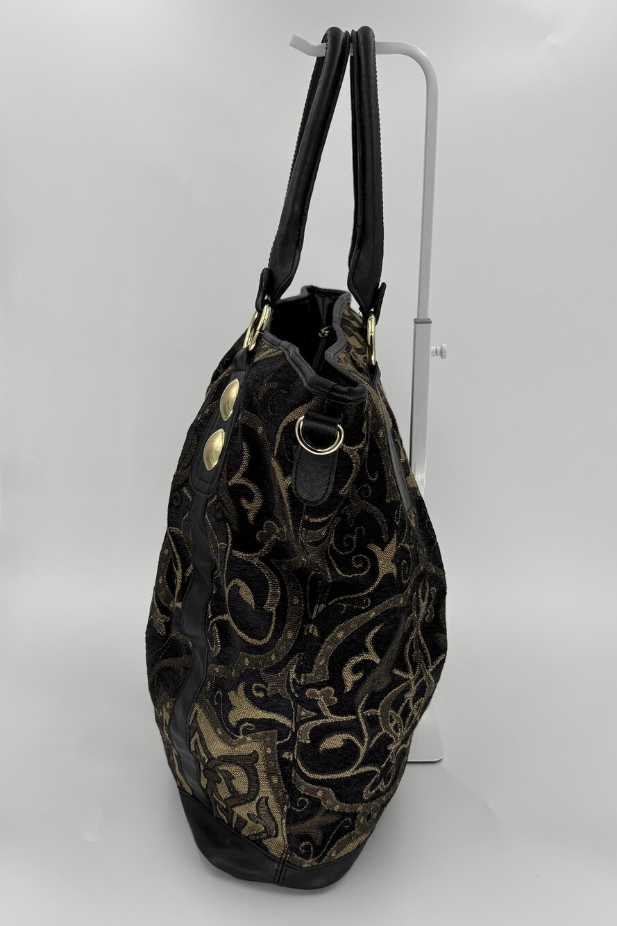 Baroque Tapestry Fleur De Lis Studded Tote Bag Black Gold Faux Leather - Picture 4 of 13